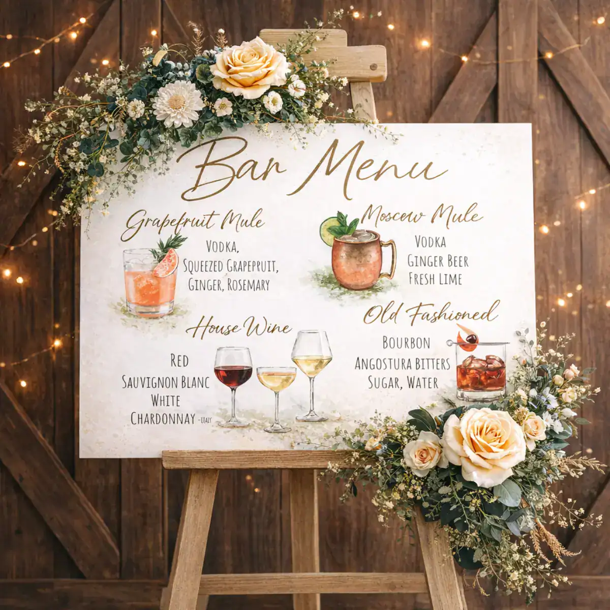 Custom wedding bar menu with signature cocktails for a Long Island wedding