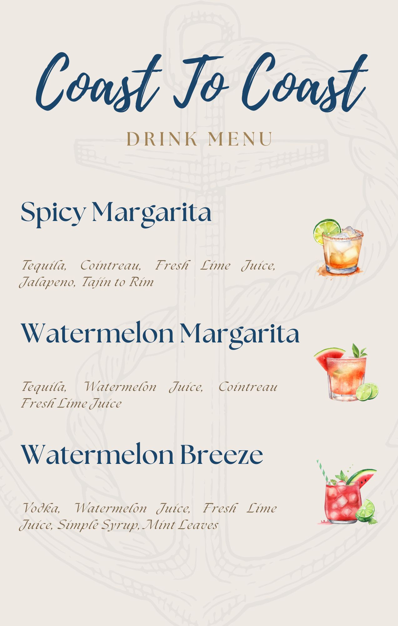 Nautical themed cocktail menu with Spicy Margarita, Watermelon Margarita, and Watermelon Breeze for coastal Long Island party