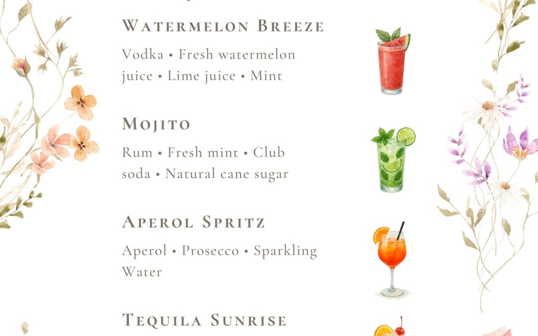 Custom signature cocktail menu designed for a Long Island wedding with floral theme and specialty drinks