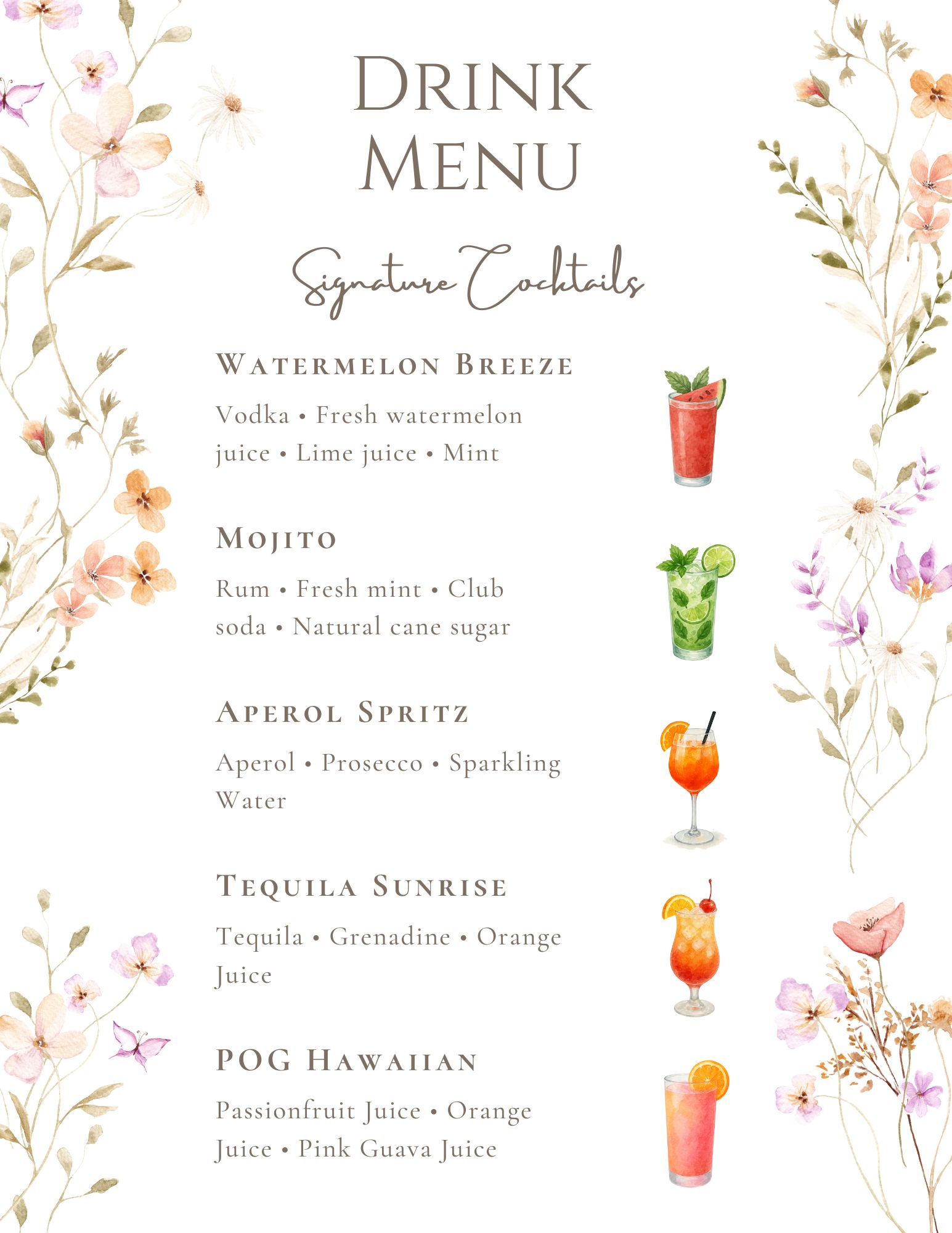 Elegant floral cocktail menu for Long Island wedding featuring Watermelon Breeze, Mojito, Aperol Spritz, Tequila Sunrise, and POG Hawaiian