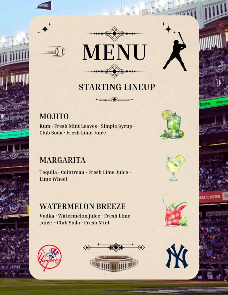 Yankees inspired sports cocktail menu with Mojito, Margarita, and Watermelon Breeze for New York baseball themed party