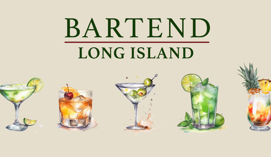 Watercolor illustrations of five classic cocktails in a line: Margarita, Classic Martini, Mojito, Old Fashioned, and Piña Colada, with the bartend long island logo at the top. Featured image for the blog post titled '5 Classic Cocktails You Can Make at Home.