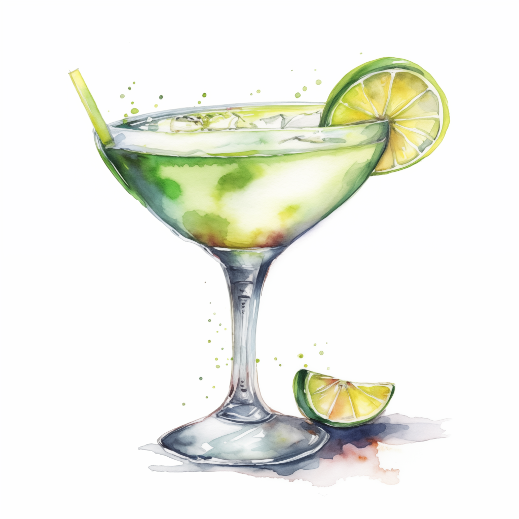 Watercolor illustration of a Margarita in a glass, garnished with a lime wedge