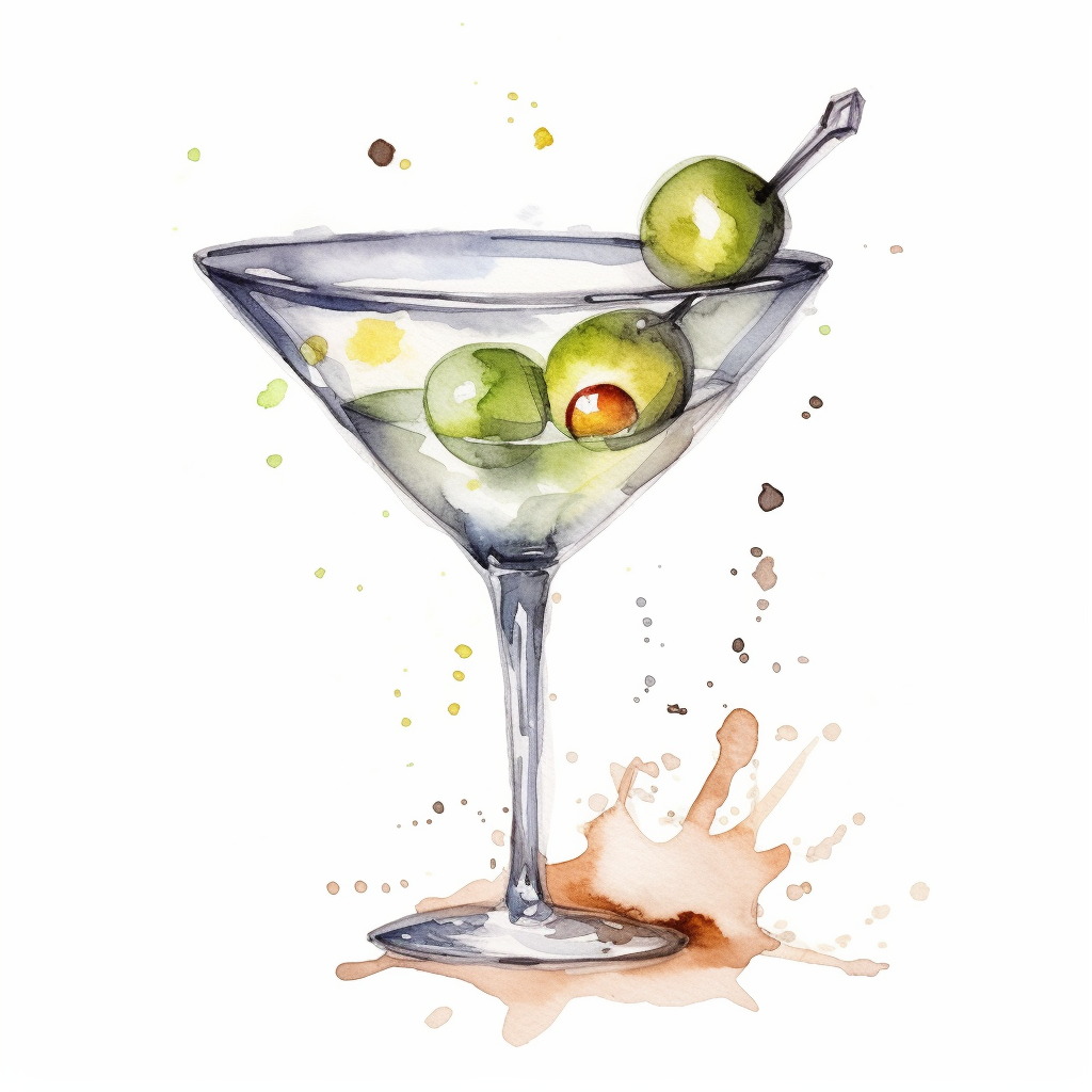 Watercolor illustration of a Classic Martini in a martini glass, garnished with an olive.