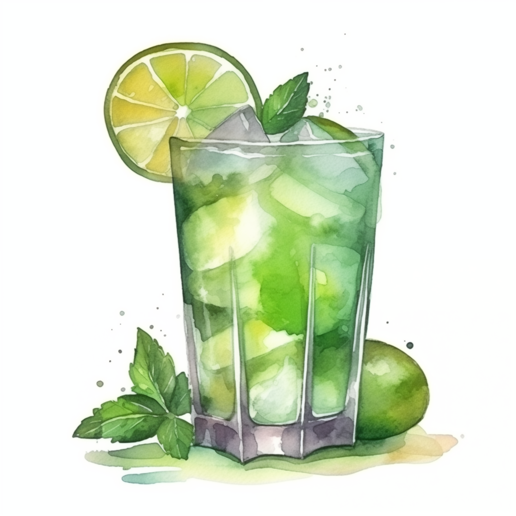 Watercolor illustration of a Mojito in a tall glass, garnished with a sprig of mint and a lime wedge.