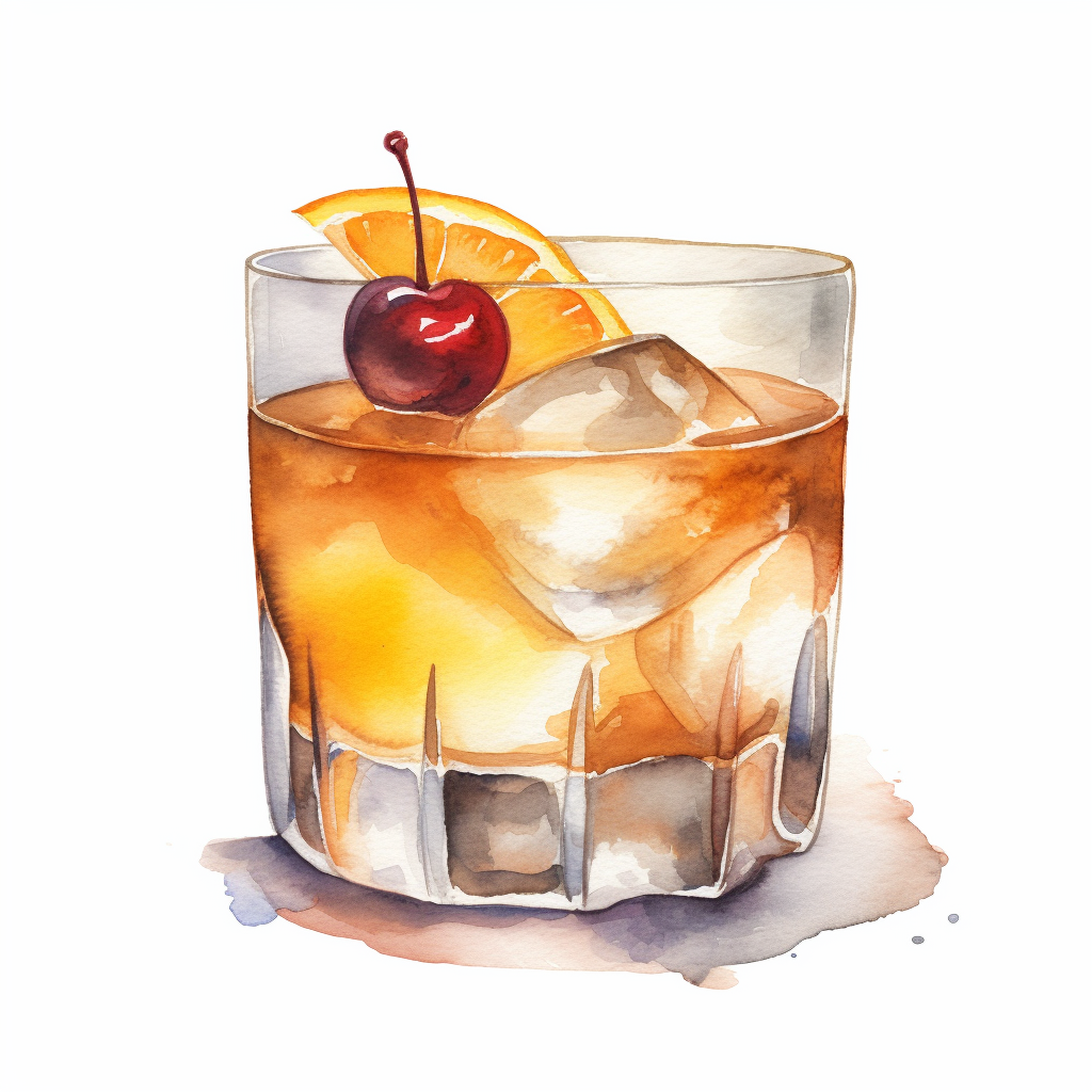 Watercolor illustration of an Old Fashioned in a lowball glass, garnished with an orange peel