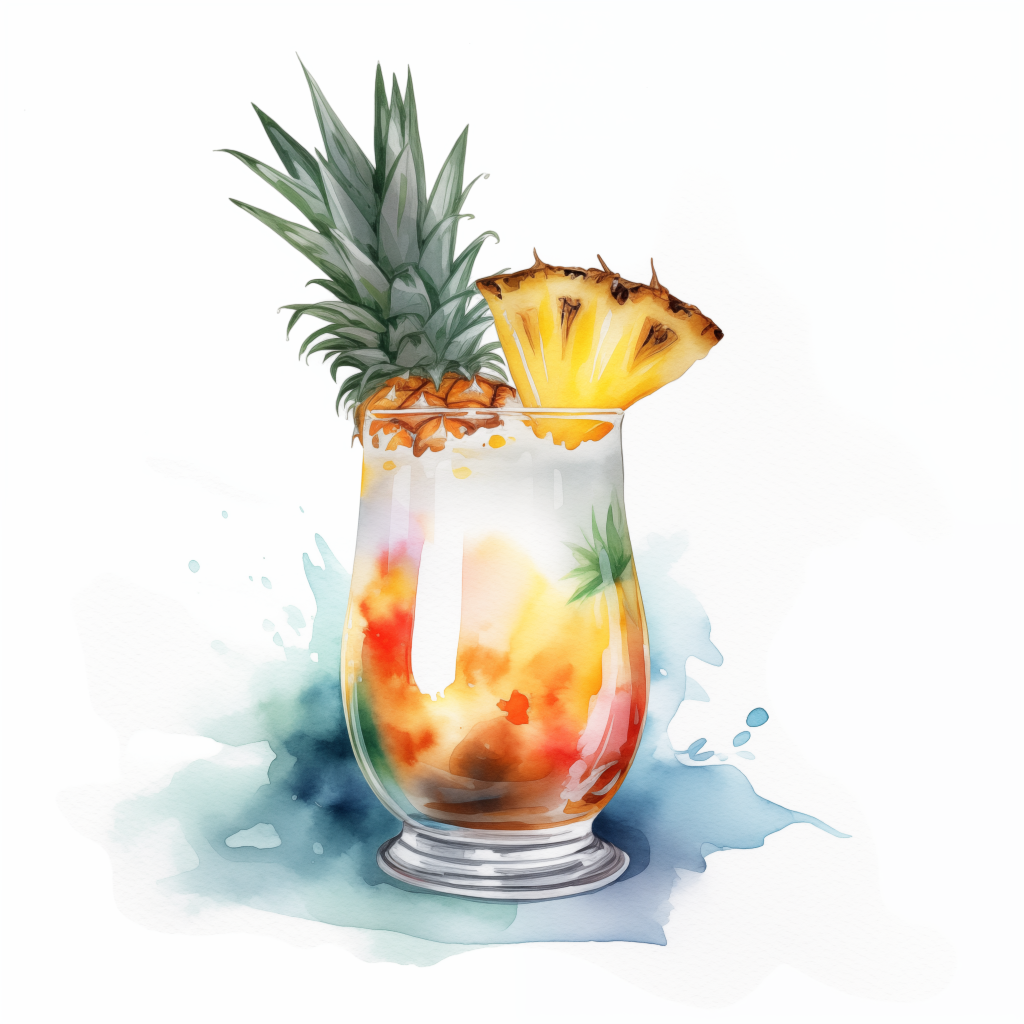 Watercolor illustration of a Piña Colada in a tall glass, garnished with a pineapple slice and the top of a pineapple with leaves.