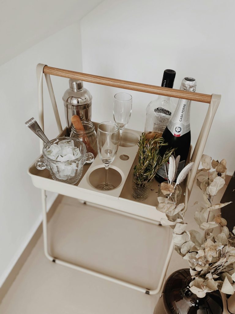 Compact home bar cart setup for small apartments and limited spaces.