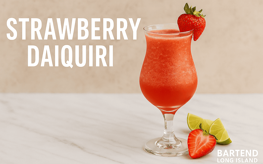frozen strawberry daquiri with beautiful blue background and strawberry garnish
