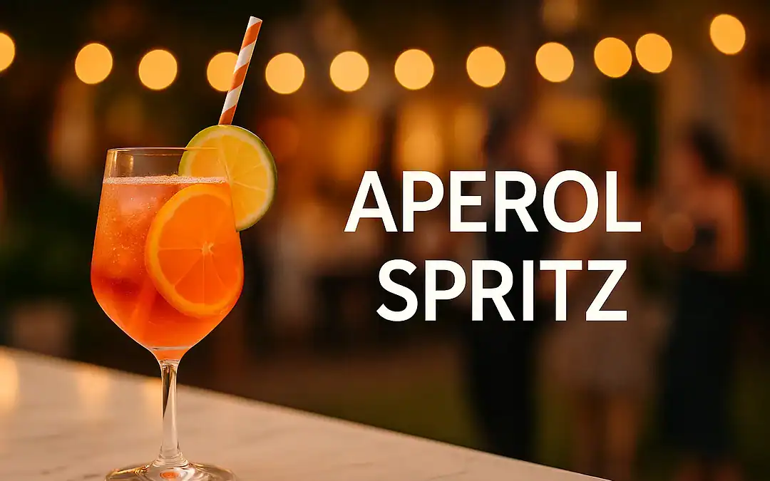 Aperol Spritz cocktail served in a wine glass with ice cubes, orange slice, and lime garnish on a marble bar top with warm summer party lights in the background