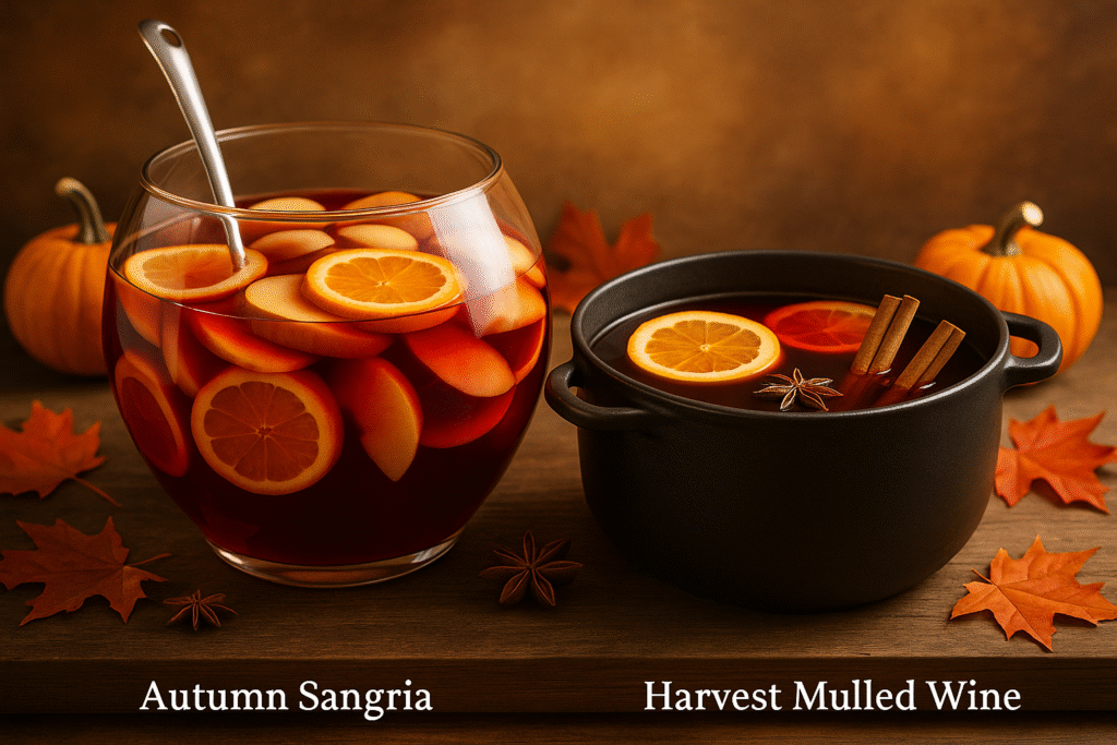 Punchbowl Autumn Sangria with apples and oranges beside Harvest Mulled Wine with cinnamon and star anise, served on a rustic fall table with pumpkins and leaves.