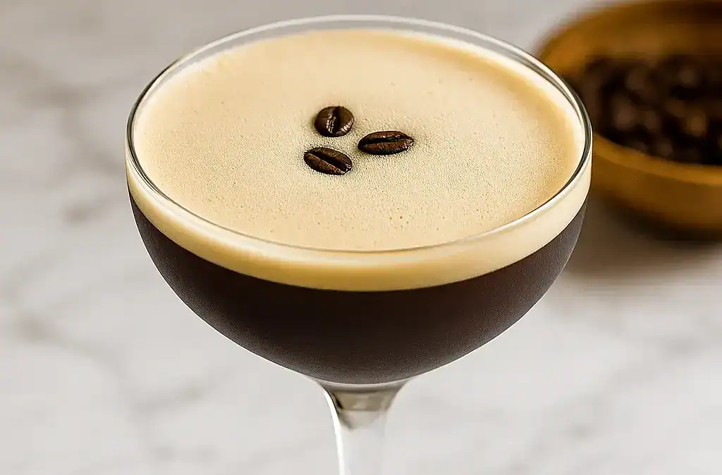 Espresso Martini cocktail recipe in martini glass with frothy top and three coffee beans on marble bar | Bartend Long Island