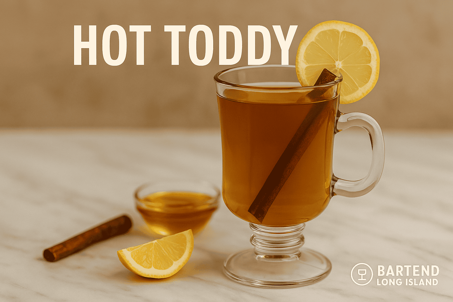 Hot toddy in a clear mug with lemon and cinnamon stick