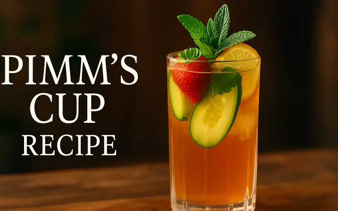 Pimm’s Cup cocktail in a tall glass with cucumber, strawberry, orange slice, and mint garnish on a rustic wooden bar top with warm blurred background