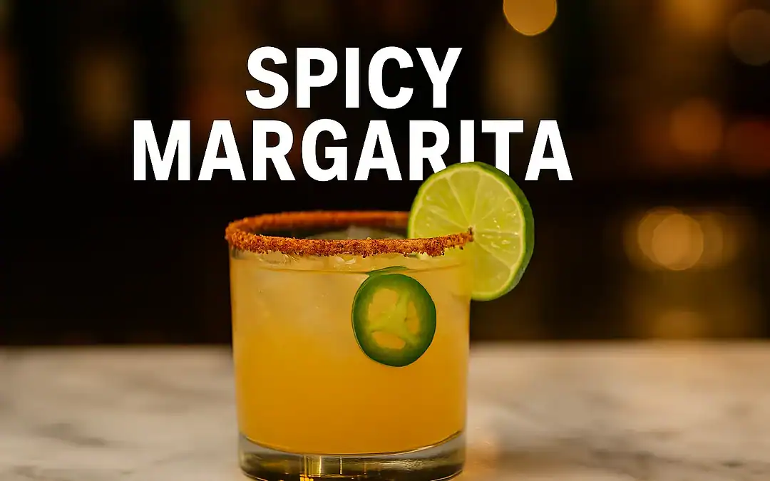 Spicy Margarita cocktail centered in a rocks glass with Tajín chili-lime rim, lime wheel, and jalapeño slice garnish on a marble bar top with festive blurred lights