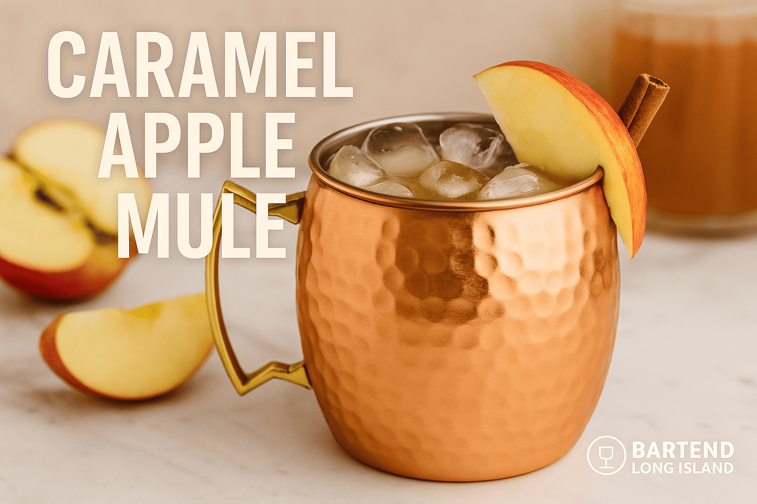 Caramel apple mule cocktail with caramel drizzle and apple garnish