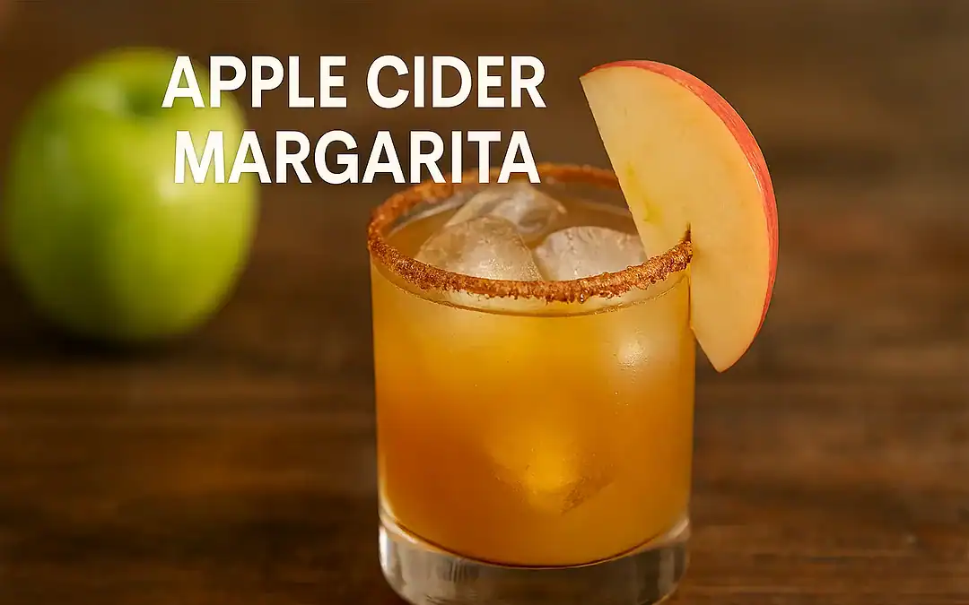 Apple Cider Margarita cocktail in a rocks glass with cinnamon-sugar rim, ice cubes, apple slice garnish, and cinnamon stick on a rustic wooden bar top