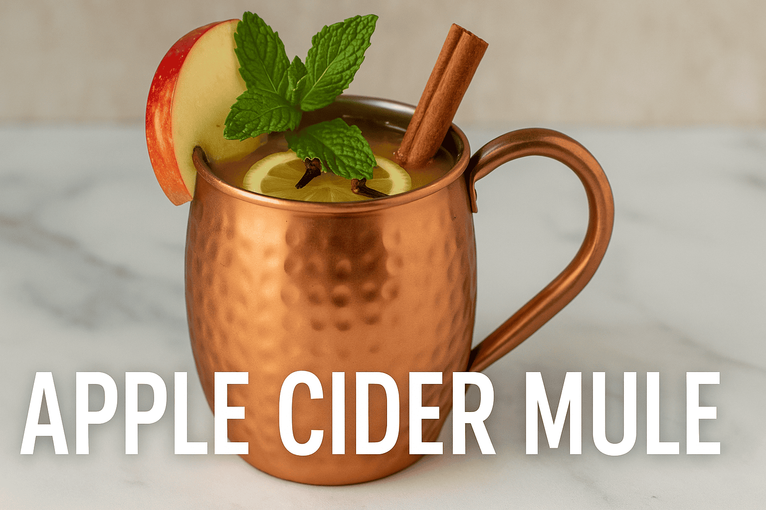 Apple cider mule in a copper mug with cinnamon and apple slice