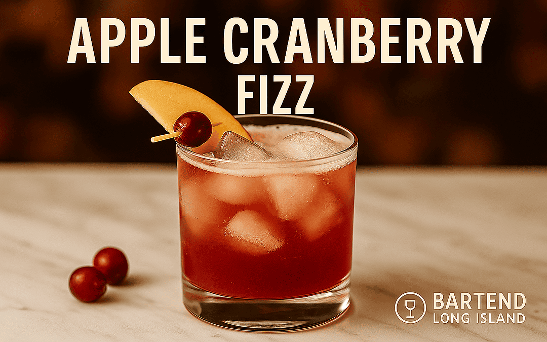 Apple Cranberry Fizz cocktail in a rocks glass with ice cubes, apple slice, and cranberry garnish on a marble bar top with blurred autumn background. Text overlay reads Apple Cranberry Fizz with Bartend Long Island logo