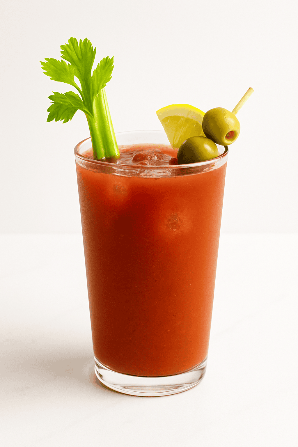 Bloody Mary in a pint glass with celery and olives