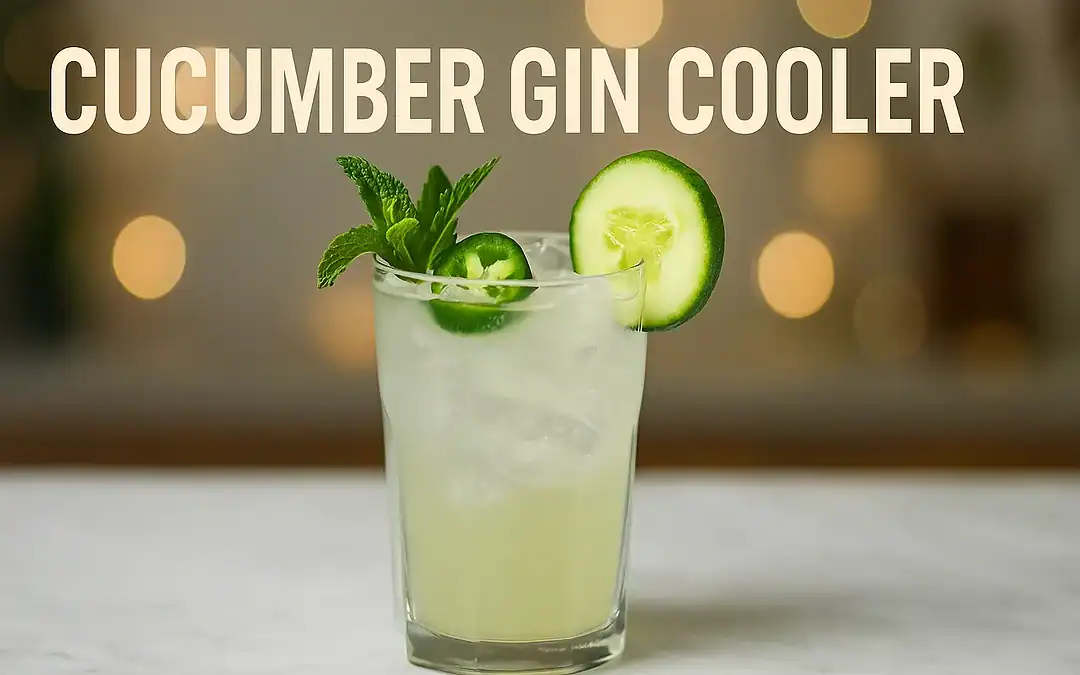 Cucumber Gin Cooler cocktail served in a tall glass with ice cubes, cucumber slices, and fresh mint garnish on a marble bar top with blurred summer background