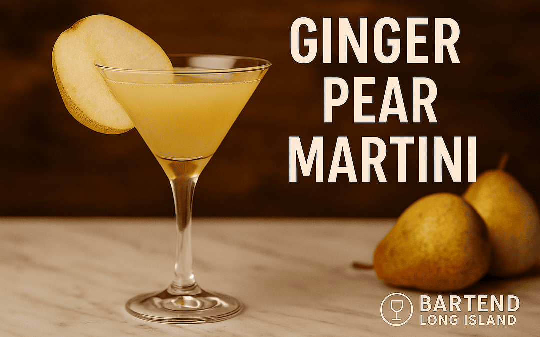 Ginger Pear Martini cocktail in a martini glass with golden pear-colored drink, garnished with pear slice and candied ginger skewer on a marble bar top with blurred autumn background. Text reads Ginger Pear Martini with Bartend Long Island logo