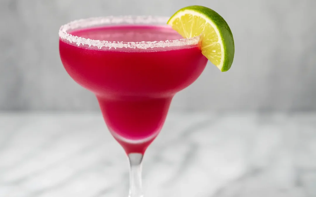 Prickly Pear Margarita cocktail in a salted rim margarita glass with bright magenta color, garnished with a lime wedge on a marble bar top