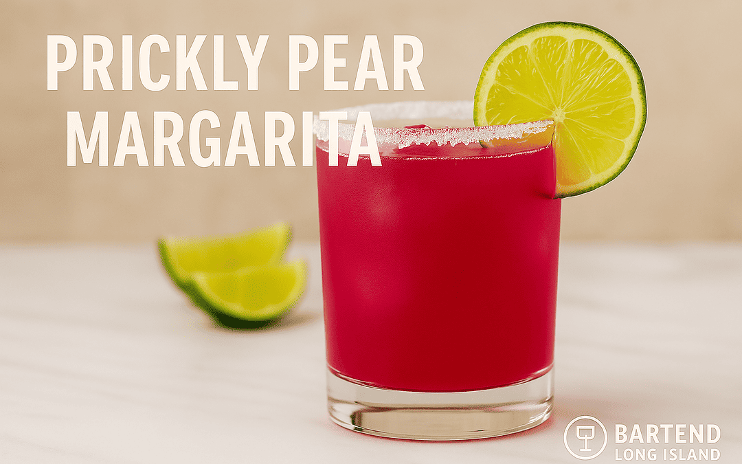 Prickly Pear Margarita cocktail in a salted rim rocks glass with vibrant magenta color, ice cubes, and lime wedge garnish on a marble bar top with blurred background. Text overlay reads Prickly Pear Margarita with Bartend Long Island logo.