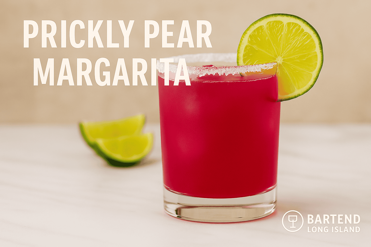 Prickly Pear Margarita in bright pink with lime wheel