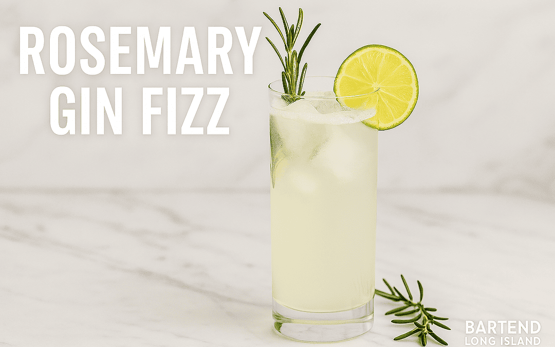 Rosemary Gin Fizz cocktail in a tall glass with frothy top, ice cubes, lemon wheel, and rosemary sprig garnish on a marble bar top with blurred background. Text reads Rosemary Gin Fizz with Bartend Long Island logo.