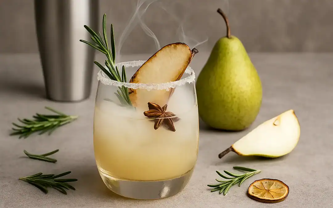 smoked pear margarita cocktail recipe on marble with star anise and rosemary