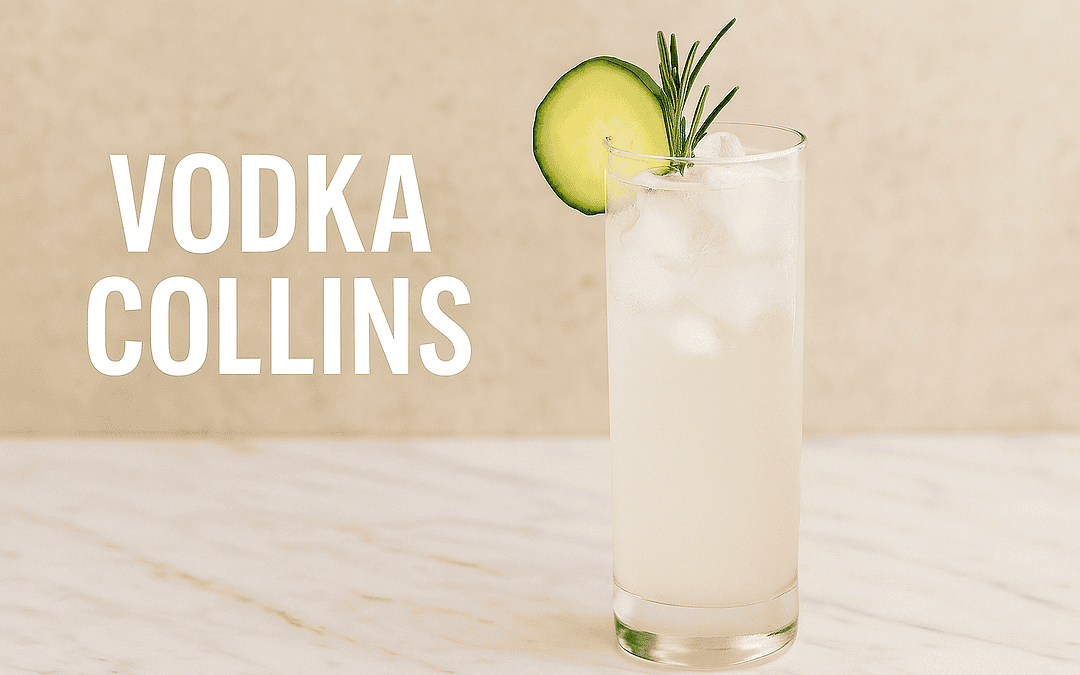 vodka collins cocktail with cucumber and rosemary garnish on ice in a tall glass, served on marble surface, refreshing Long Island vodka drink for summer, bartender craft, bartendlongisland.com