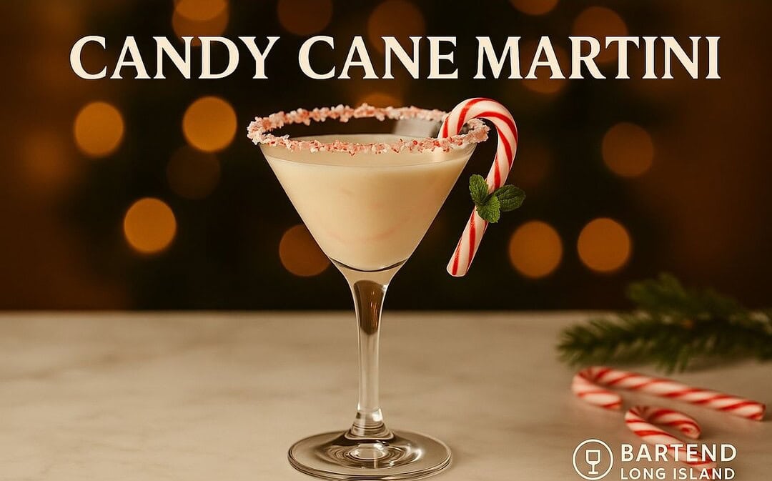 Festive Candy Cane Martini cocktail in a martini glass rimmed with crushed peppermint and garnished with a small candy cane and mint leaf, set on a marble surface with warm golden holiday lights in the background.