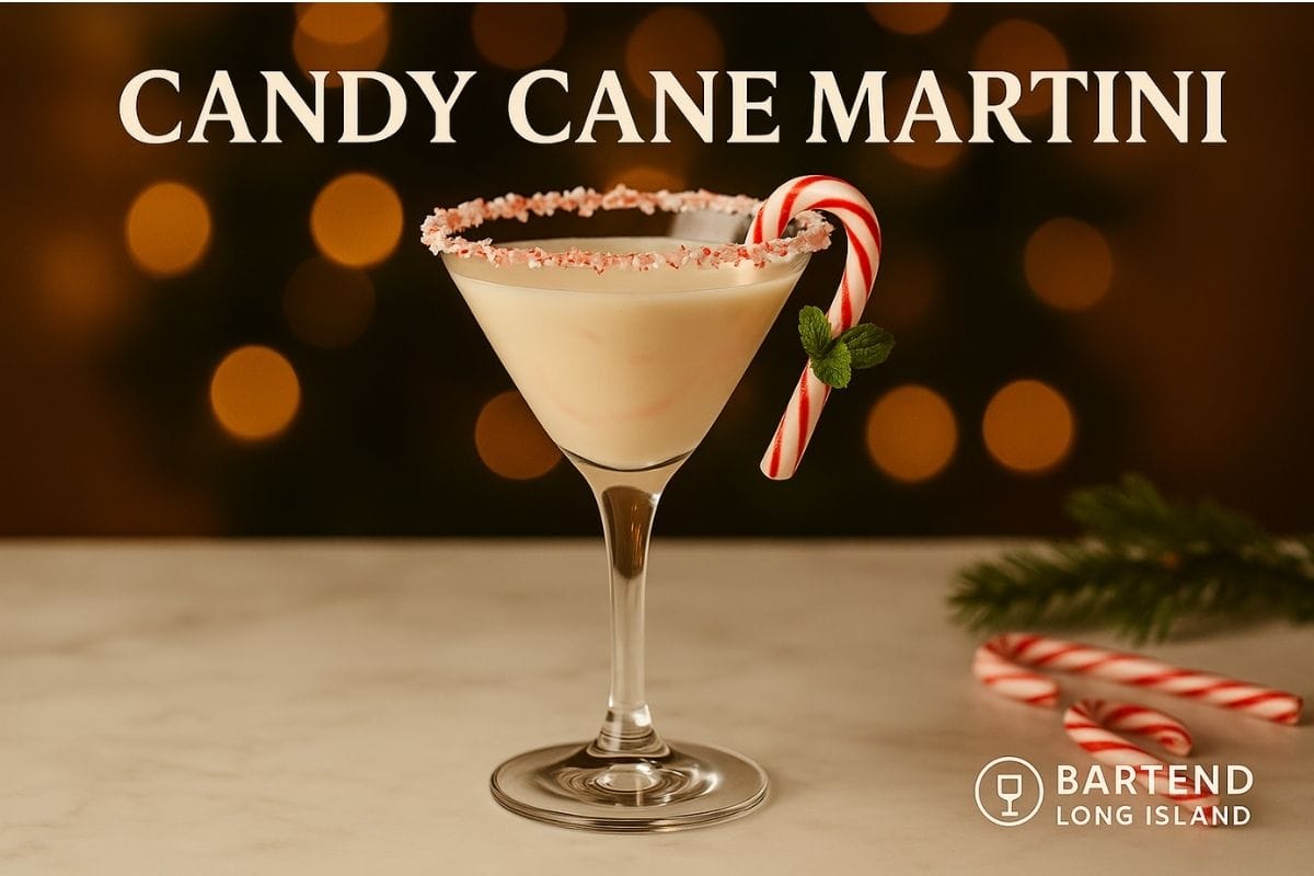 Candy Cane Martini with red and white candy garnish