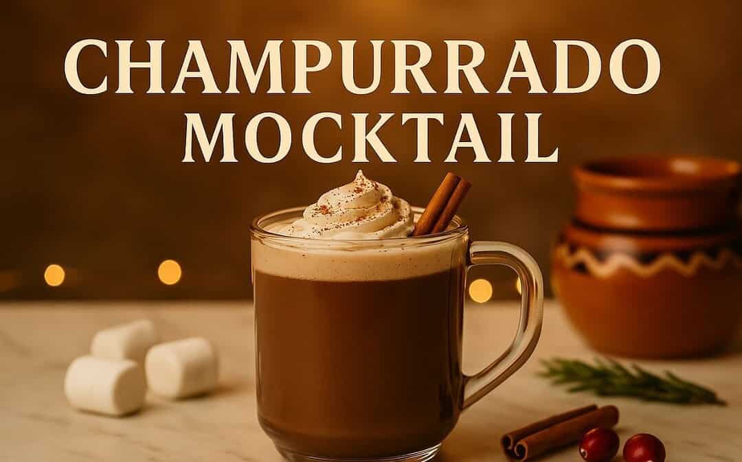 Champurrado mocktail served in a clear glass mug topped with whipped cream and cinnamon, garnished with a cinnamon stick, set on a marble surface with marshmallows, cinnamon sticks, and warm golden holiday lights in the background with the Bartend Long Island logo watermark.