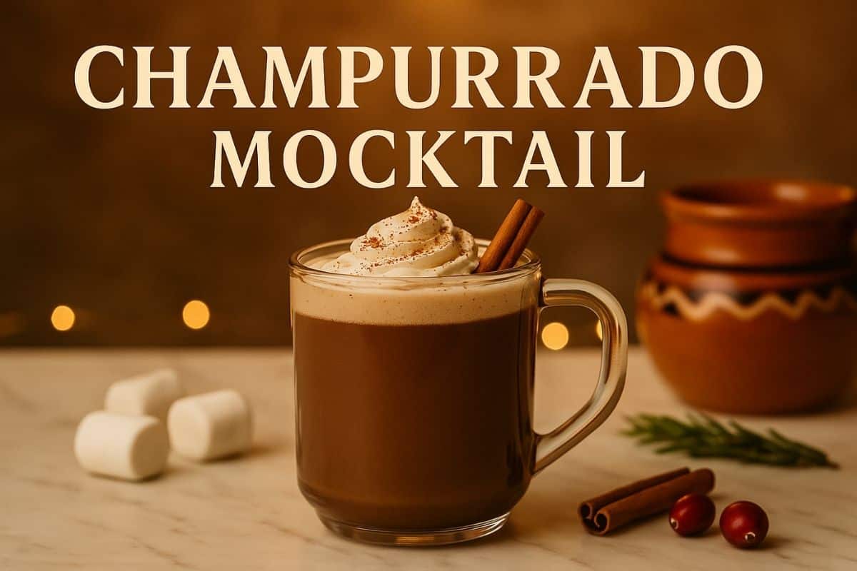 Champurrado mocktail hot chocolate in a mug with cinnamon stick