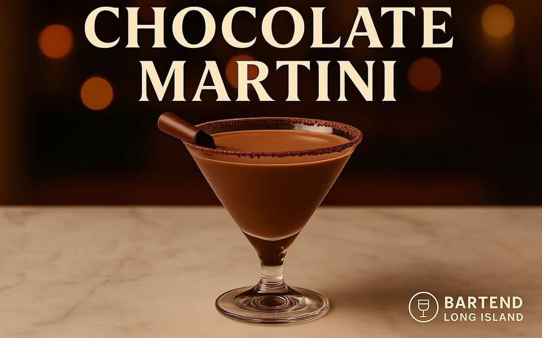 Chocolate Martini in a classic V-shaped martini glass with a chocolate-rimmed edge and a chocolate curl garnish, set on a marble surface with warm golden bokeh lights in the background and the Bartend Long Island logo watermark.