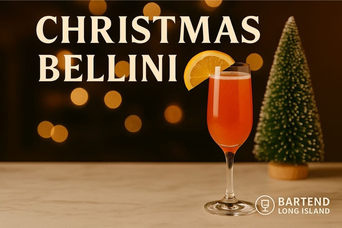 Christmas Bellini in a flute with pomegranate pearls