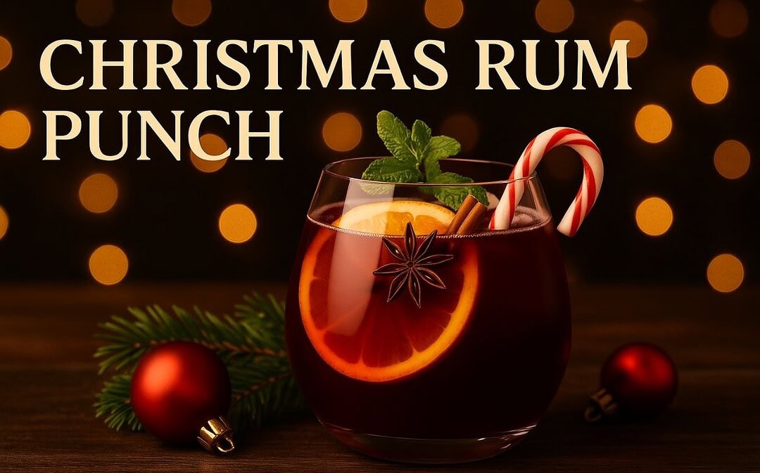 Christmas Rum Punch cocktail in a round glass filled with red punch, orange slices, star anise, and a cinnamon stick, garnished with a candy cane and mint, surrounded by evergreen sprigs and ornaments with warm holiday lights in the background