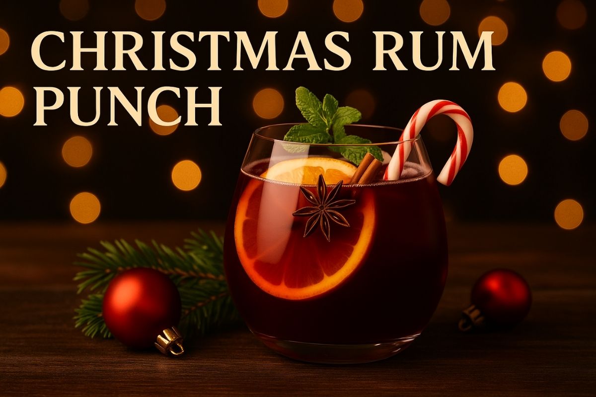 Christmas Rum Punch in a punch bowl with citrus slices and cranberries