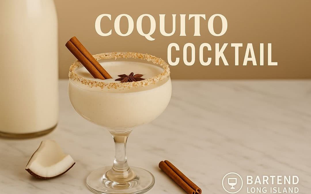 Coquito cocktail in a coupe glass with a toasted coconut rim, topped with a cinnamon stick and star anise, set on marble with coconut pieces and a bottle of coquito in the background, featuring the Bartend Long Island logo watermark.