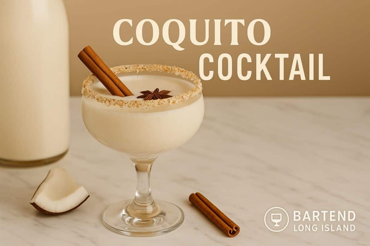 Coquito cocktail in a glass with cinnamon stick and coconut garnish