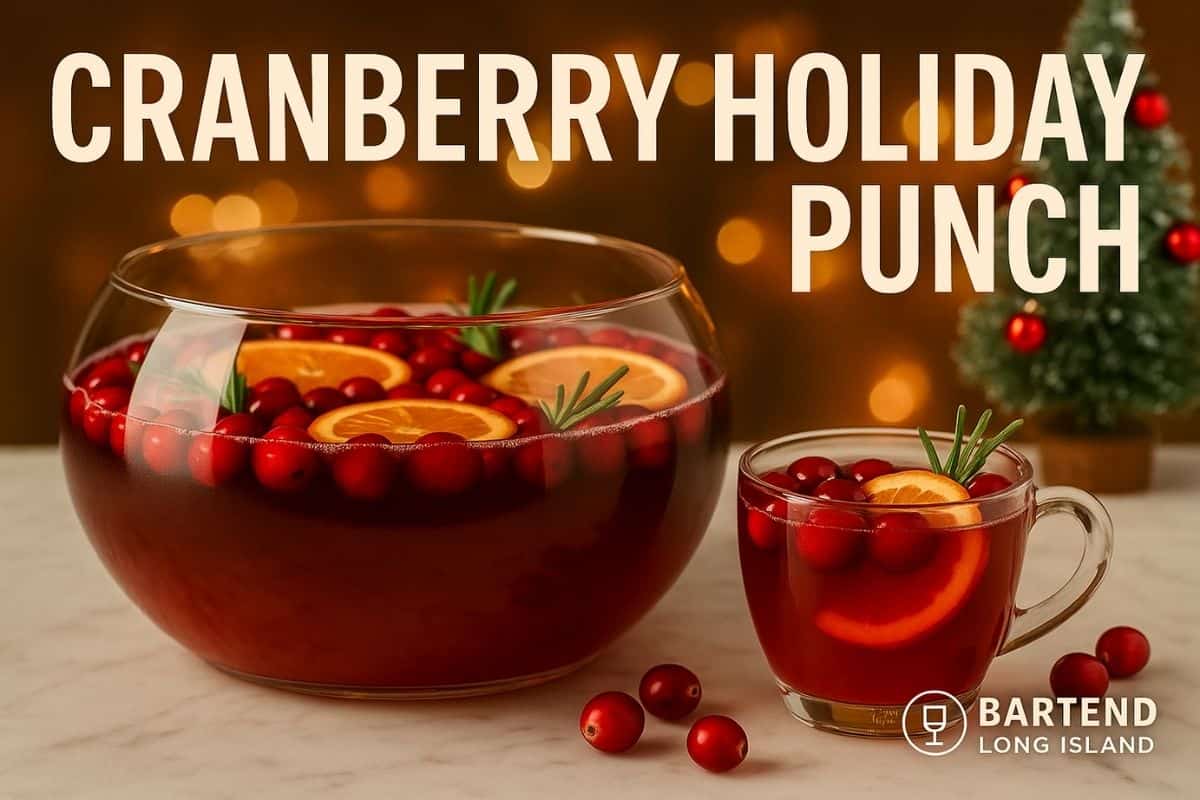 Cranberry holiday punch in a punch bowl with fruit and herbs