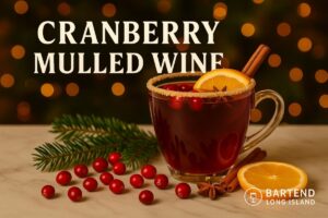 Cranberry Mulled Wine in a glass mug with cinnamon stick, orange slice, cranberries, and star anise, set on a marble surface with pine branches and warm golden Christmas lights in the background with the Bartend Long Island watermark