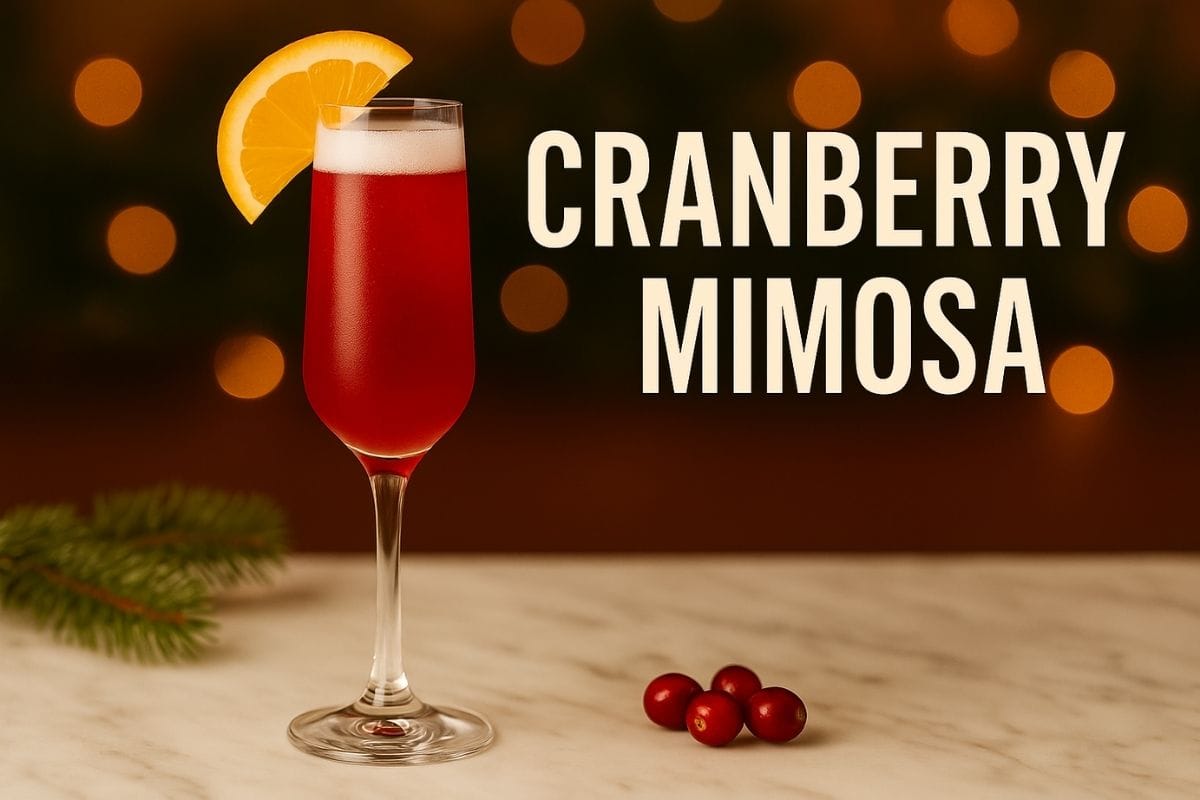 Cranberry Mimosa in a champagne flute with rosemary and cranberries