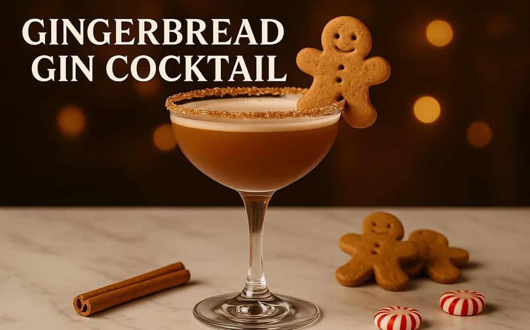 Gingerbread Gin Cocktail in a coupe glass with a sugar rim and a gingerbread cookie garnish, surrounded by cinnamon sticks, peppermint candies, and warm golden holiday lights in the background.