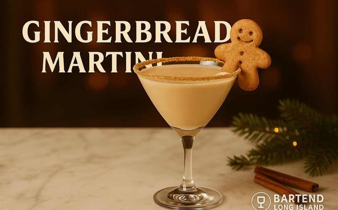 Gingerbread Martini in a martini glass with a graham cracker rim and gingerbread man cookie garnish, set on a marble surface with cinnamon sticks, evergreen sprigs, and warm golden holiday lights in the background, with the Bartend Long Island logo watermark.