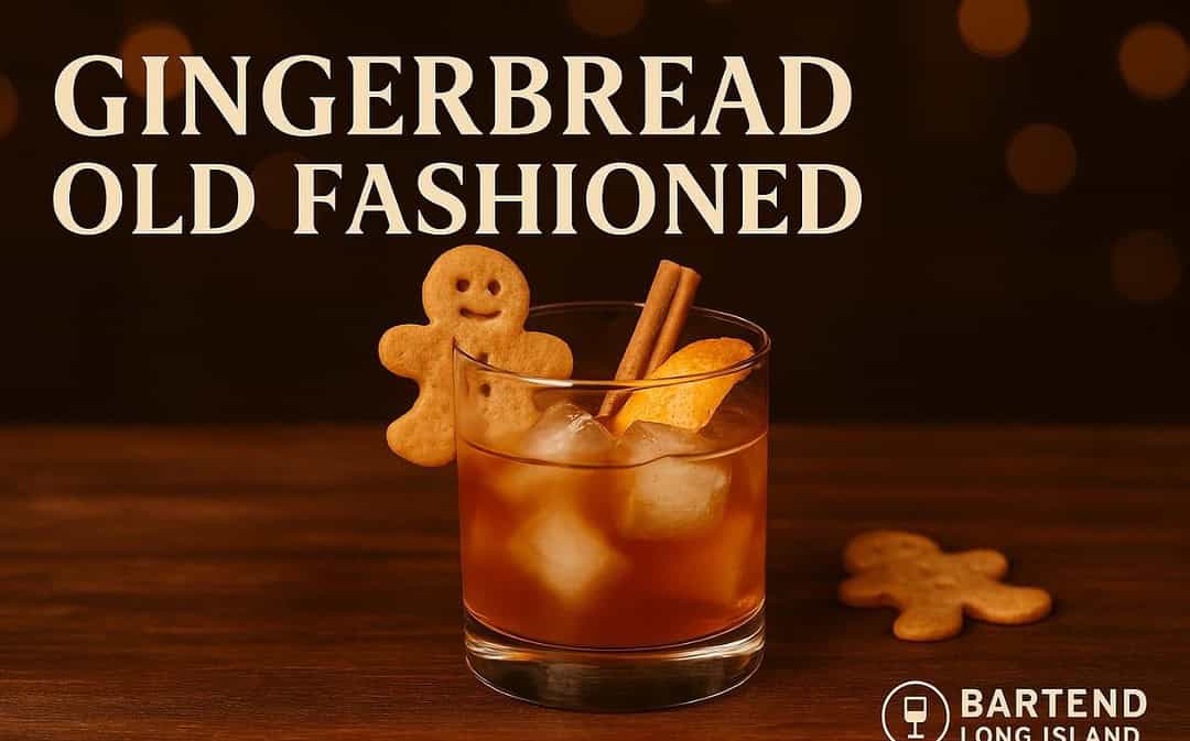 Gingerbread Old Fashioned cocktail in a rocks glass with ice, orange peel, cinnamon stick, and gingerbread cookie garnish, set on a wooden surface with warm golden holiday lights in the background and Bartend Long Island watermark at the bottom right.