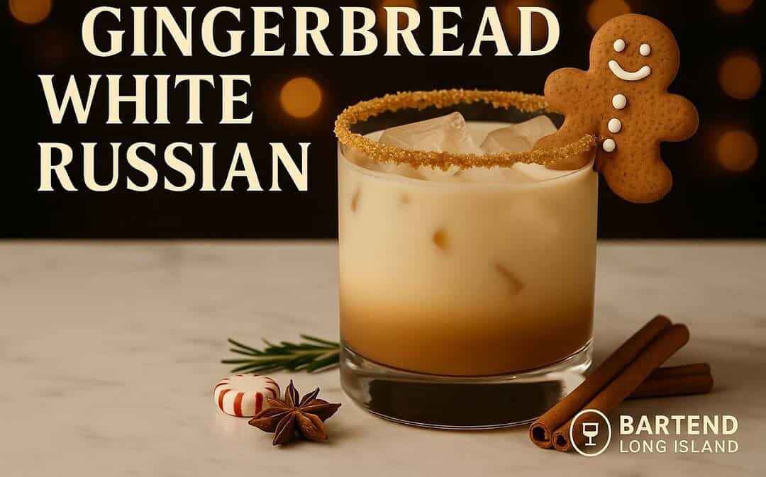 Gingerbread White Russian cocktail in a rocks glass with ice, creamy layers, gingerbread crumb rim, and a gingerbread man cookie garnish, set on marble with cinnamon sticks, star anise, peppermint candy, and warm holiday bokeh lights in the background, featuring the Bartend Long Island logo watermark.
