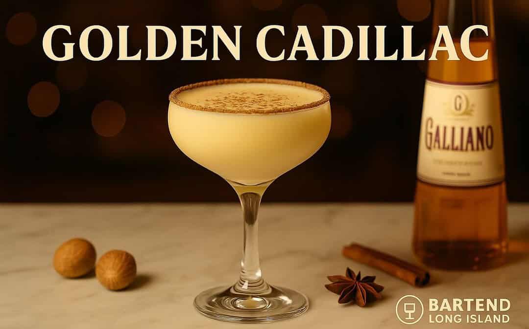 Golden Cadillac cocktail in a coupe glass with a creamy pale yellow color, topped with grated nutmeg and a chocolate-dusted rim, set on a marble surface with whole nutmeg, star anise, cinnamon stick, a Galliano bottle, and warm golden holiday lights in the background, featuring the Bartend Long Island watermark.